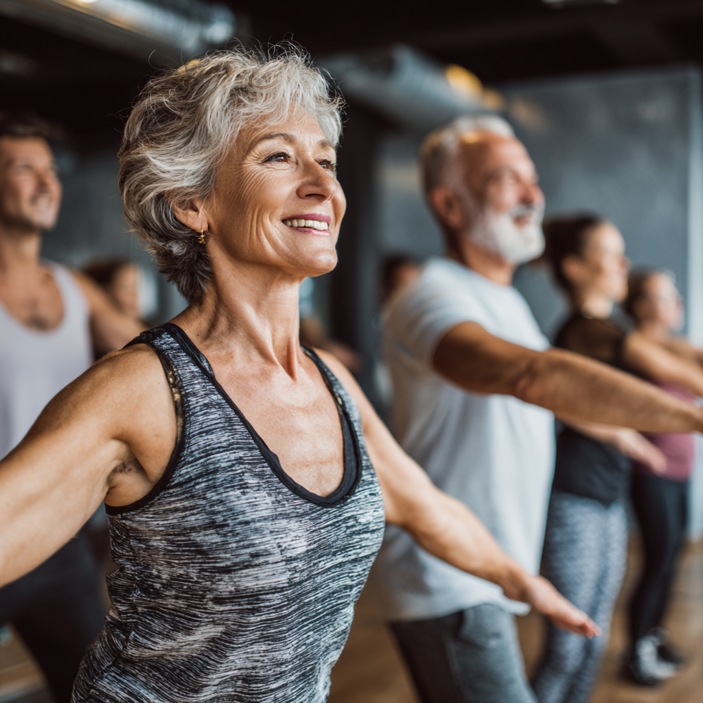Mature adults enjoying group fitness class with professional trainer guidance