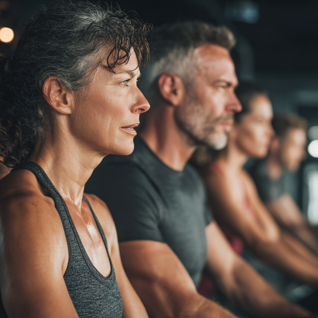 Middle-aged adults participating in diverse fitness training session at modern gym